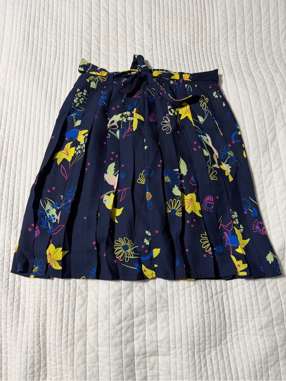 ModCloth Dino Navy Pleated A-Line Skirt with Tie Waist